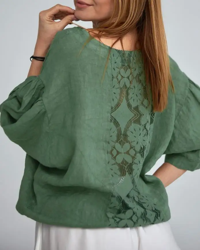 レースパッチ巾着裾シャツカジュアルオフショルダーボヘミアンルーズトップ