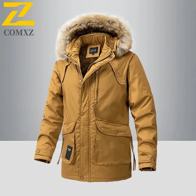 

COMXZ Мужская пуховая хлопковая куртка с капюшоном, зимняя утолщенная водонепроницаемая ветрозащитная термопальто, уличная рабочая одежда с флисовой подкладкой для снежного поля