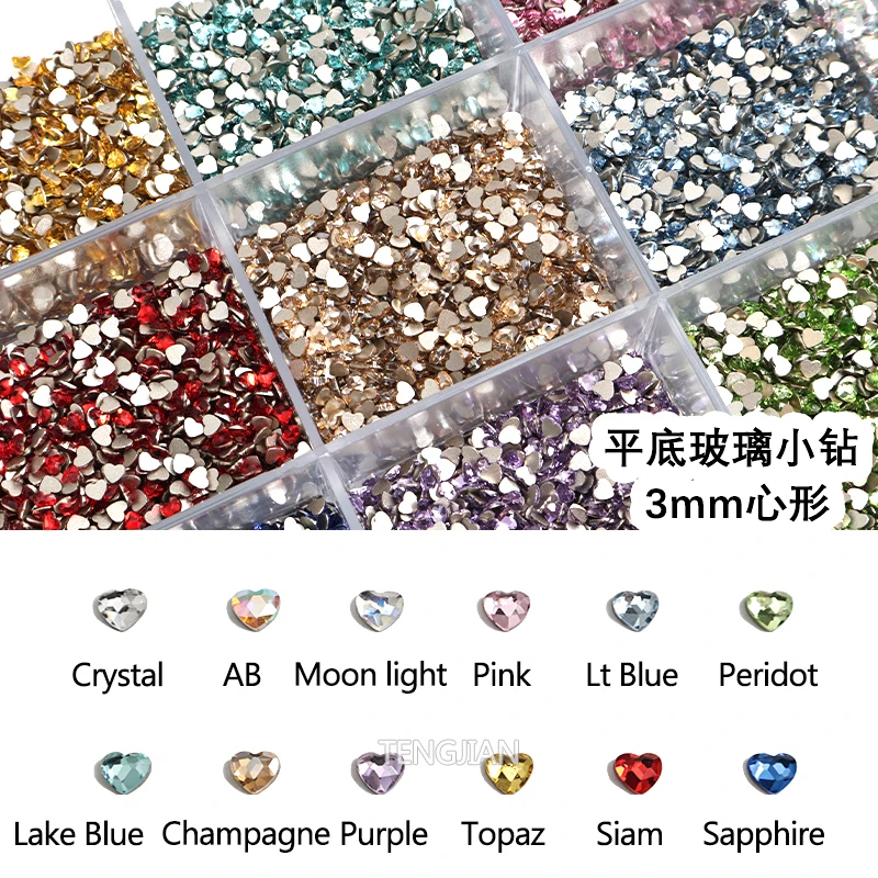 Glittering Mini Heart 3MM Flat Back Glass Crystals Nail Art Rhinestones 12Color 3D DIY Manicure Decorations Diamond 100Pcs