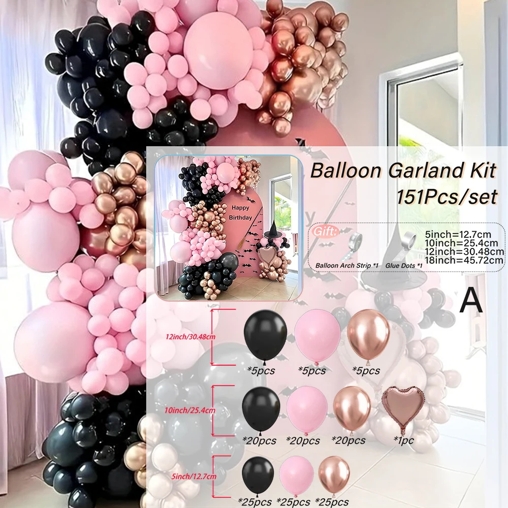 Art Urodziny Baby Shower Łuk balonowy Różowy i czarny Różne balony Zestaw girland, balony lateksowe do dekoracji ślubnych