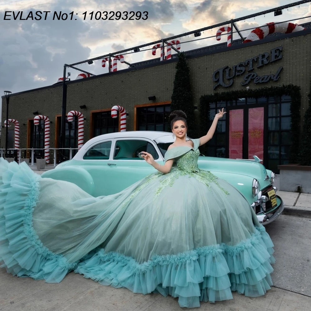 

EVLAST индивидуальное бальное платье шалфейно-зеленого цвета, платье Quinceanera, кружевное платье с цветочной аппликацией и бисером, многоуровневое сладкое платье 16, Vestidos De 15 Anos E1Q766