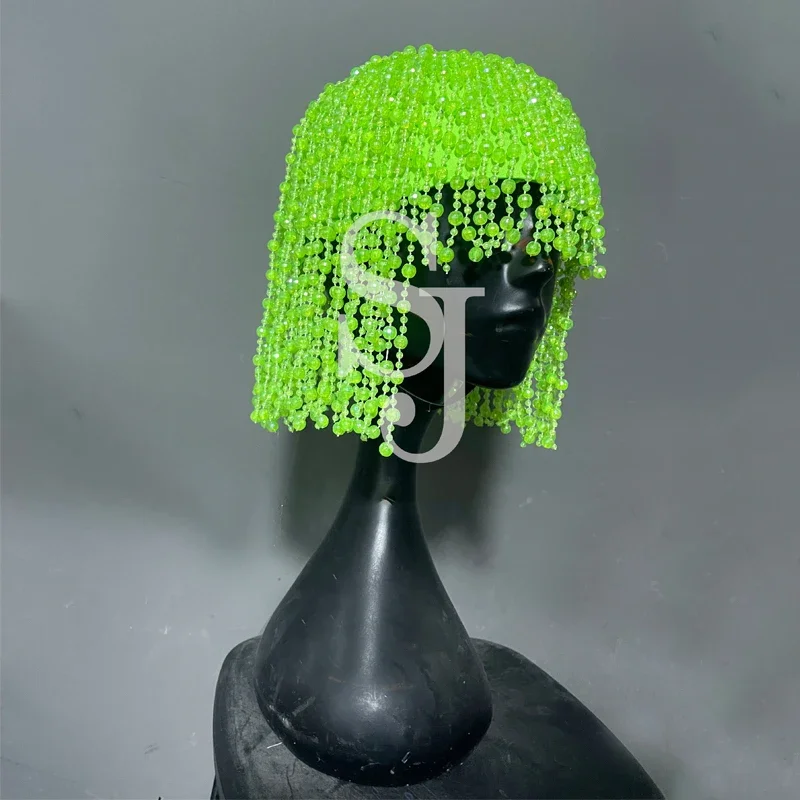 女性グリーン帽子タッセルビーズチェーンウィッグコスプレステージパフォーマンスアクセサリーフェスティバル衣装ドラッグクイーン衣装 XS6230