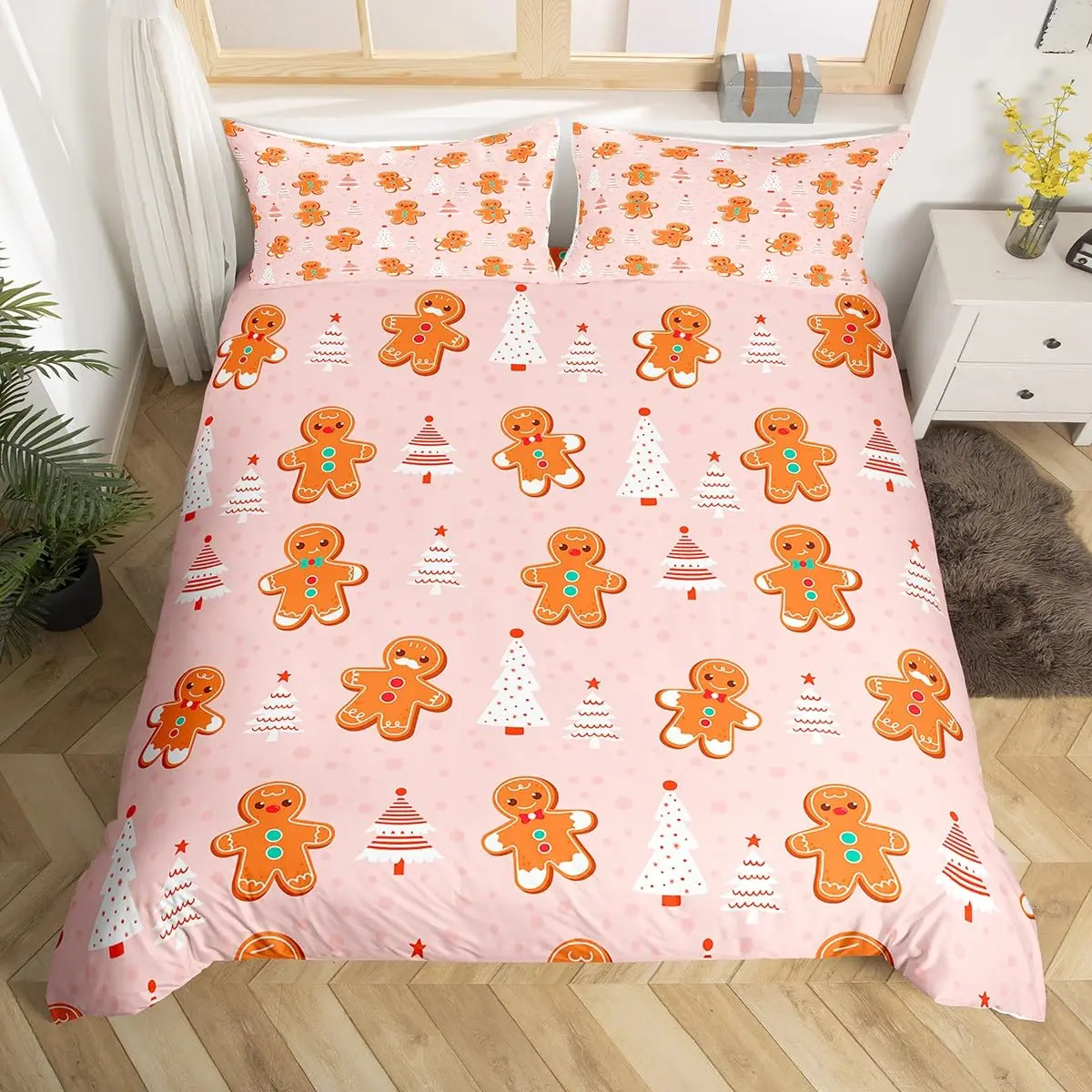 Gingerbread Man Xmas Theme Duvet Cover Christmas Comforter Cover Cartoon Snowman Christmas Tree Bedding Set Pink Quilt Cover