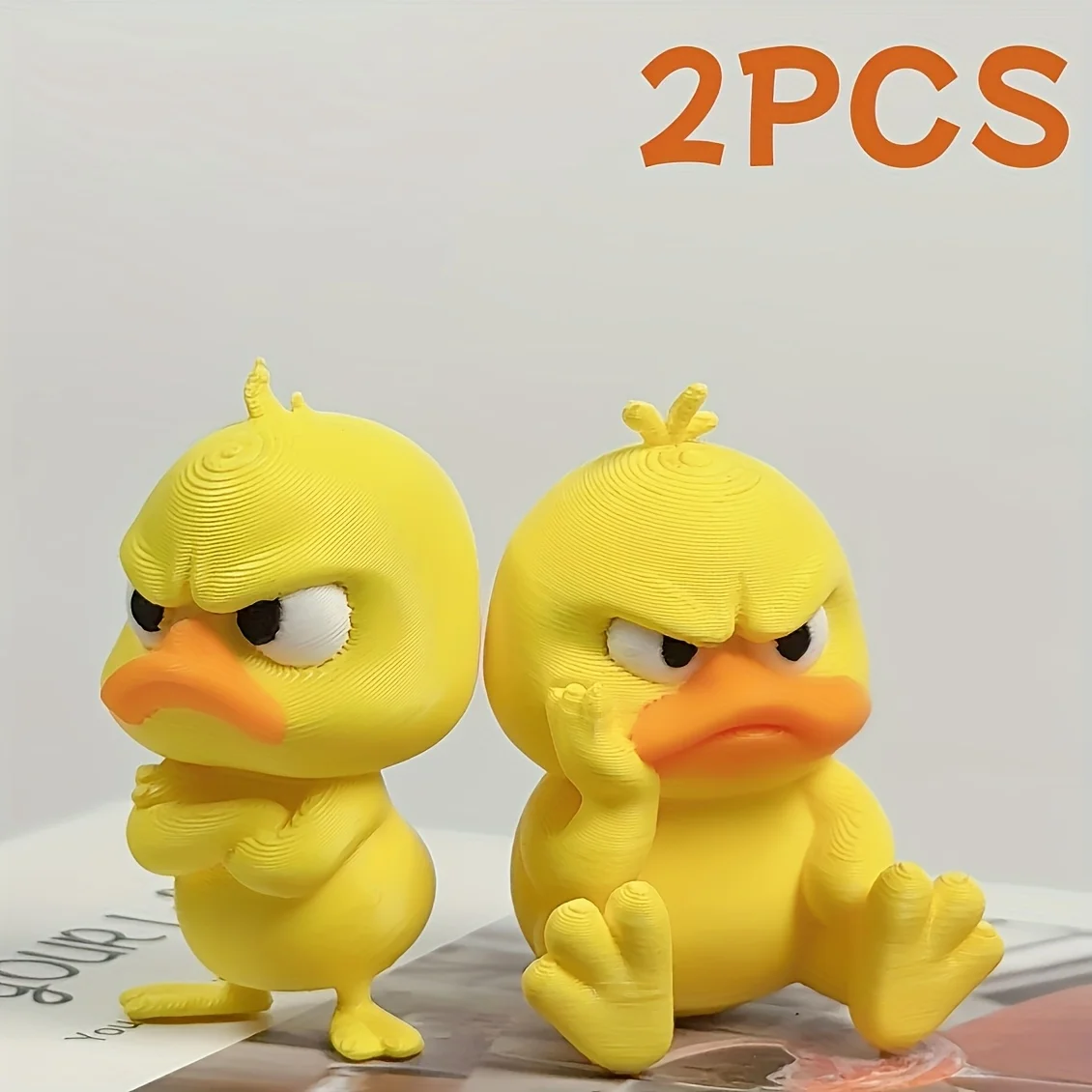 2PC 3D Printed Angry Yellow Duck Figurine PLA+ Material Cute Grumpy Duck Mini Statue Desktop Ornament Home Desk Decor Collection