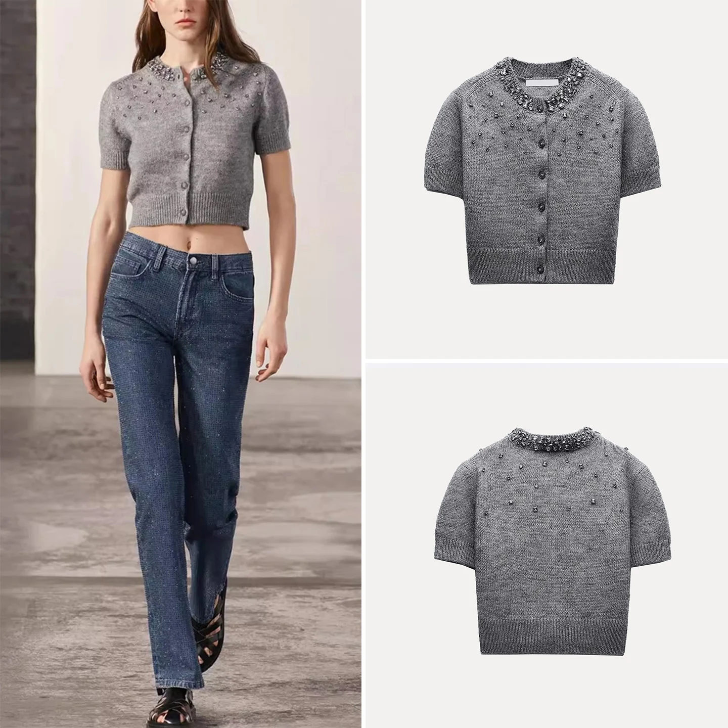 

New Women's Knitted ort Sve round Ne Jaet Summer Autumn Faion Casual Color Zipper Closure Outerwear Coat