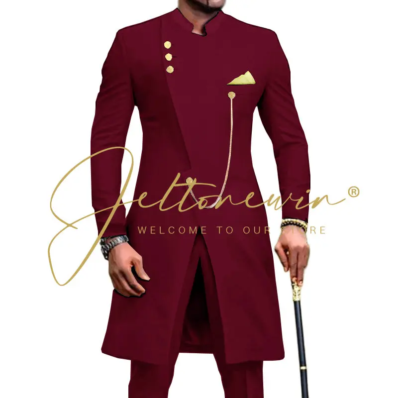 

JELTONEWIN 2023 Indian Style Burgundy Mens Suits With Pant Stand Collar Man Wedding Dress Groom Party Tuxedos Terno Masculino