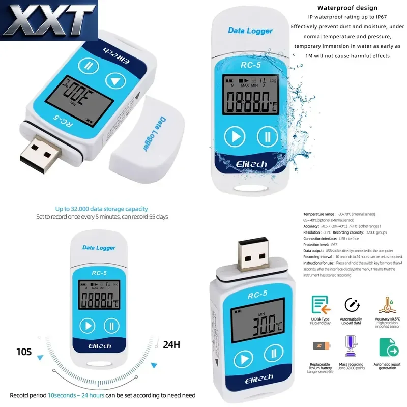 XXT High Capacity Temperature Recorder USB Data Logger Support 32000 Records For Cold Chain Transport Monitoring