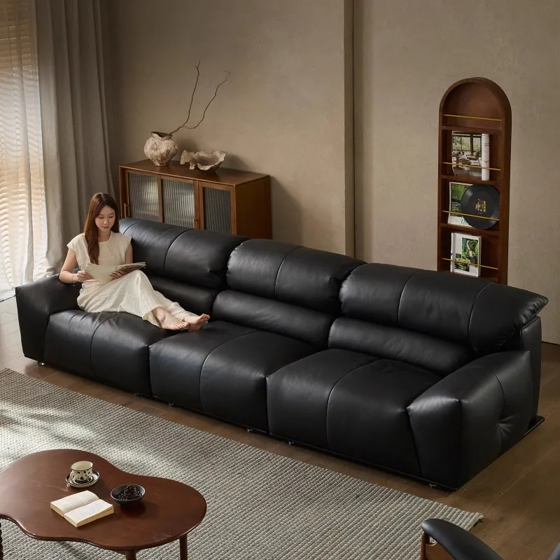 Italian minimalist leather sofa, down high-back sofa, straight row three-person sofa