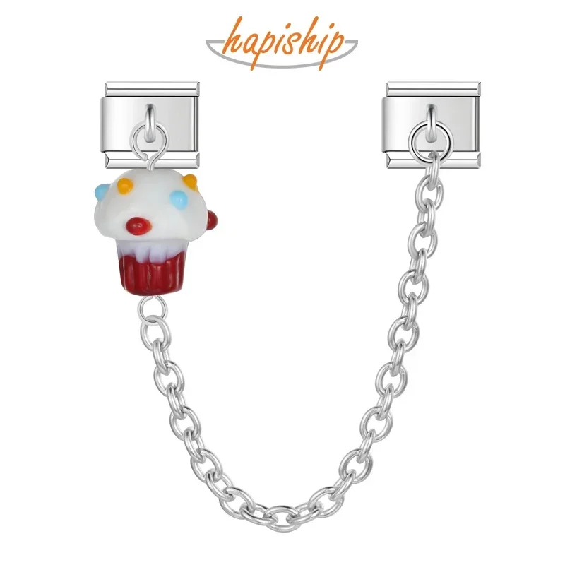 Hapiship 2024 New Fashion Women Ice Cream Chain Italian Charms Links Beads Fit 9mm Bracelet Stainless Steel DIY Jewelry DJ1327