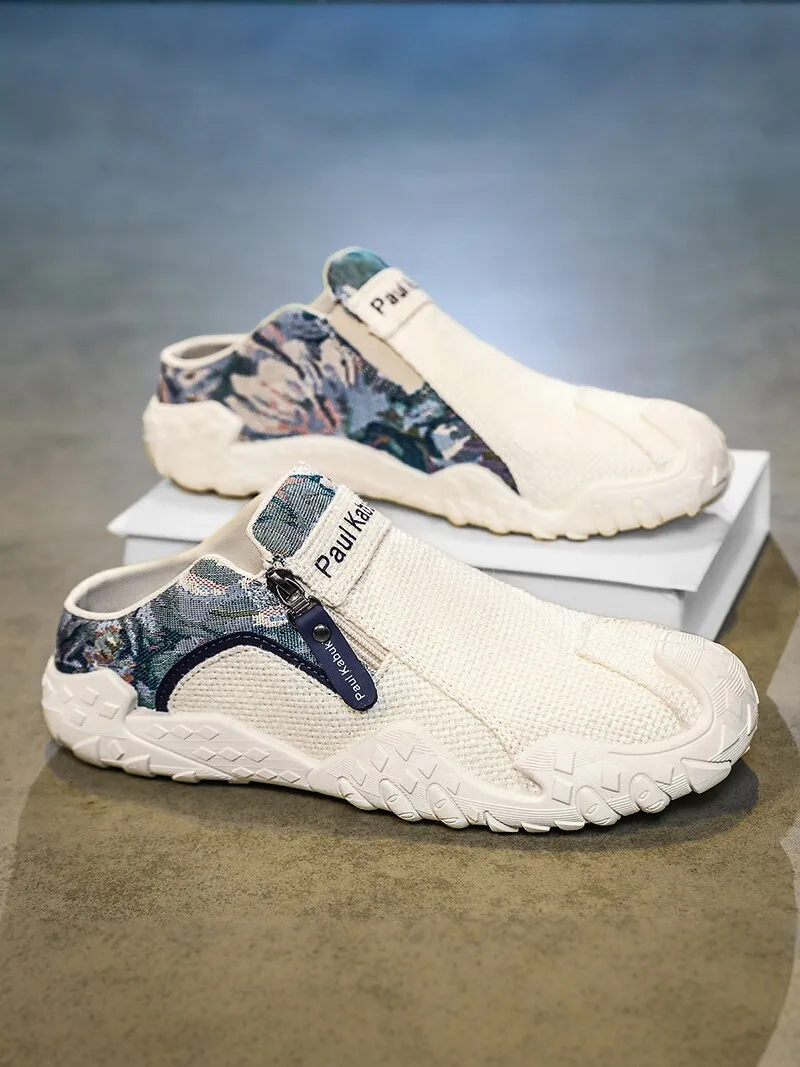 Men's Canvas Shoes Summer Casual Low Top Breathable Soft Bottom Slip-On Anti-Slip Linen Material Lazy Style Half Slippers