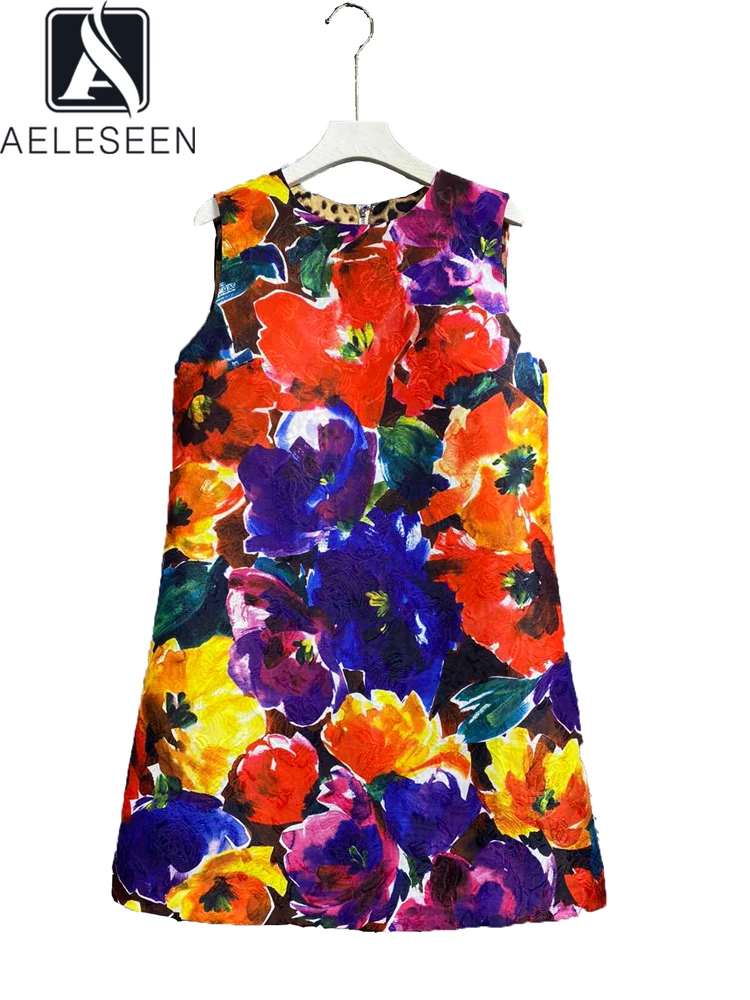 

AELESEEN Women Casual Tank Dress Spring Summer Sleeveless Colorful Flower Print Jacquard A-line Holiday Sicilian Mini Dress