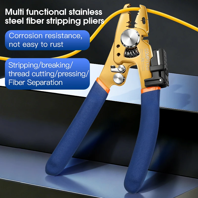 COMPTYCO F9 Optical Fiber Cable Stripping Pliers FTTH Tool Multifunctional Stainless Steel Fiber Optic Stripper With Wiping Clip