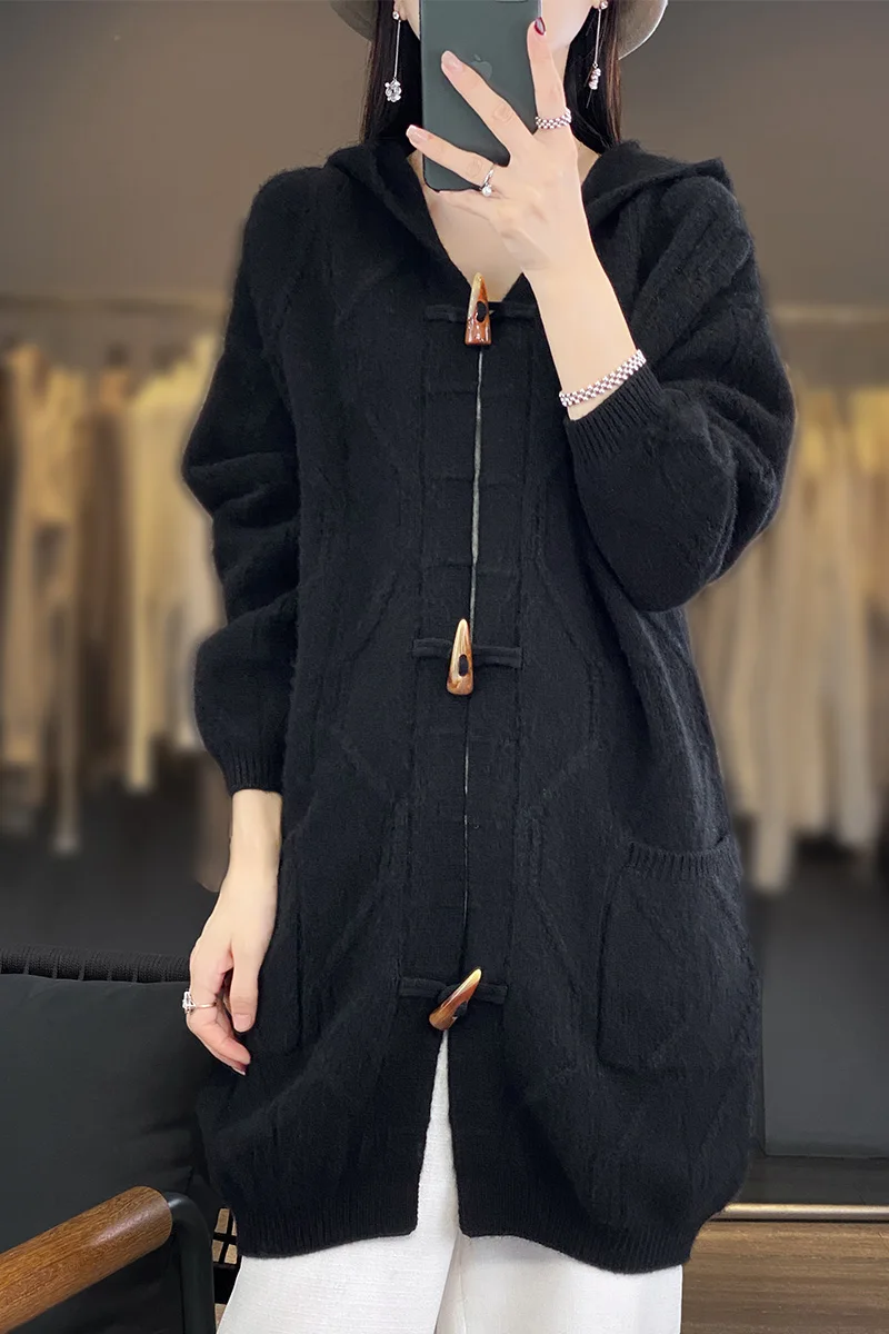 Women's Merino Wool Hooded Cardigan, 100% Merino Wool, Autumn and Winter Sweater, New Buckle Cable, Thickened, Official