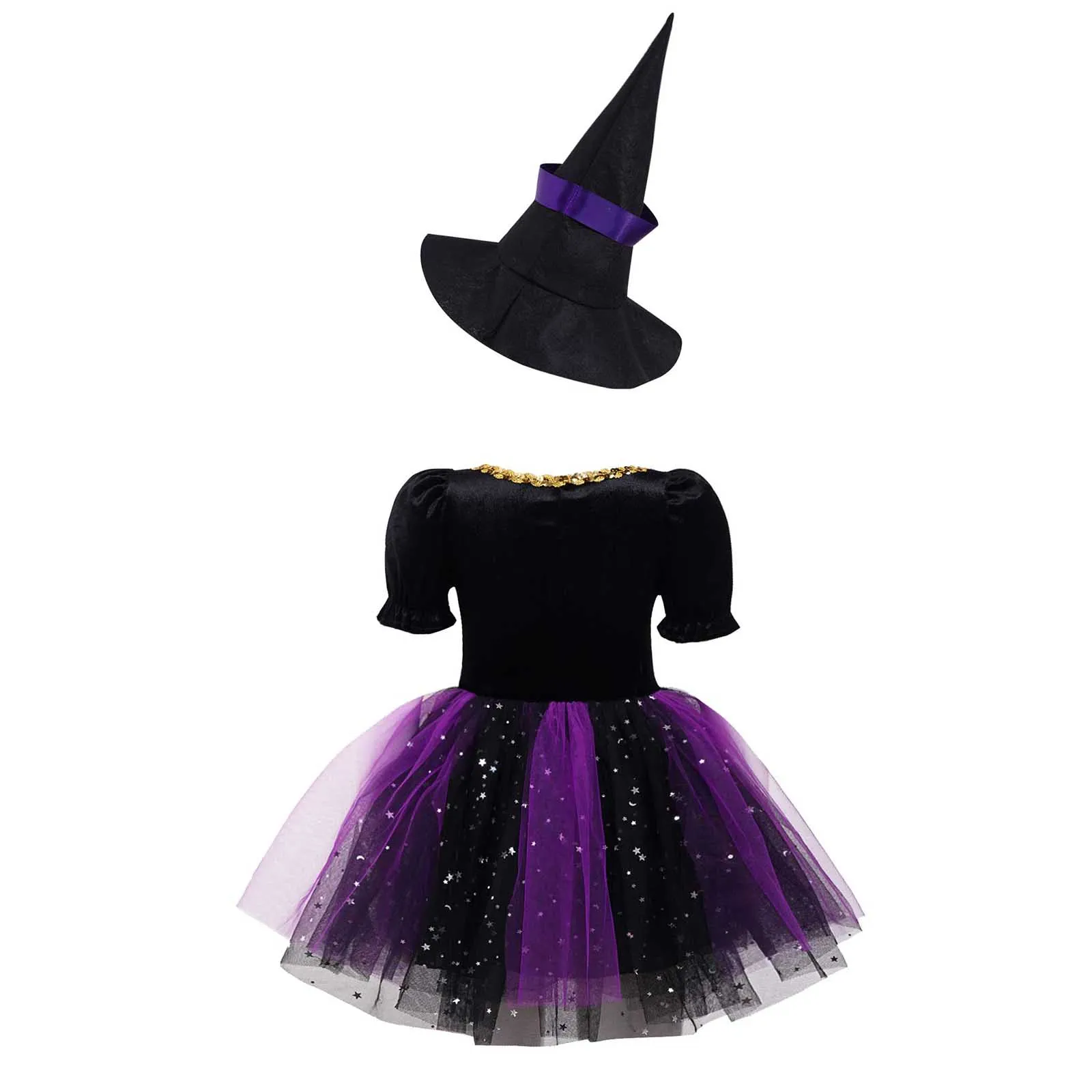 Kid Girls Halloween Witch Costume Sparkly Silver Stars Printed Carnival Cosplay Dress with Pointed Hat Wand Dress Up Clothes