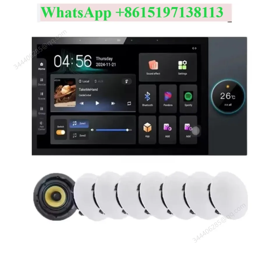 The central control screen 10-inch whole house smart background music host is connected to 8 wired speakers