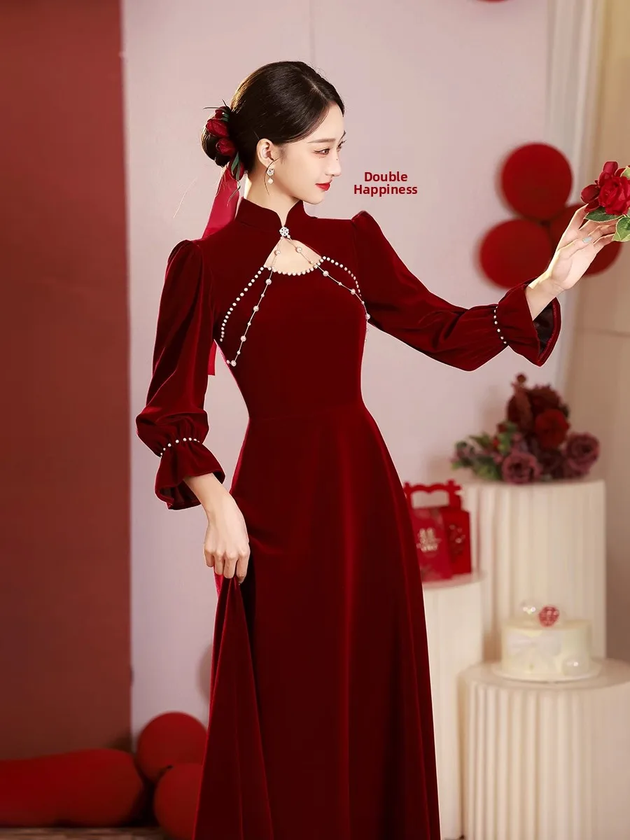 

Retro Chinese Sle Wedding Dr Long Sve Velvet New Bride Autumn Winter Marriage Ceremony Dr Skirt
