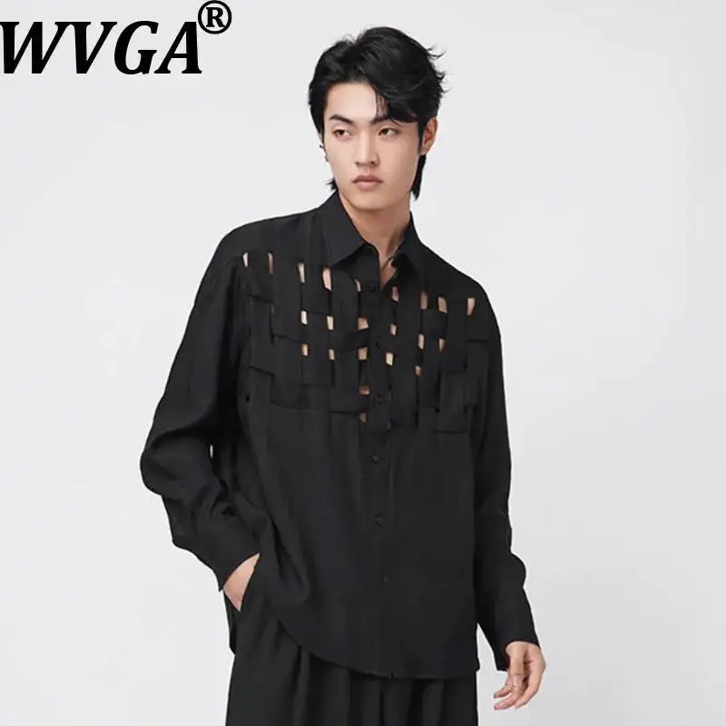 

WVGA Spring New Man Tide Dark Style Long Sleeve Shirts Hollow Design Trendy Niche Chic Casual Turn-Down Collar Tops Ins W22792