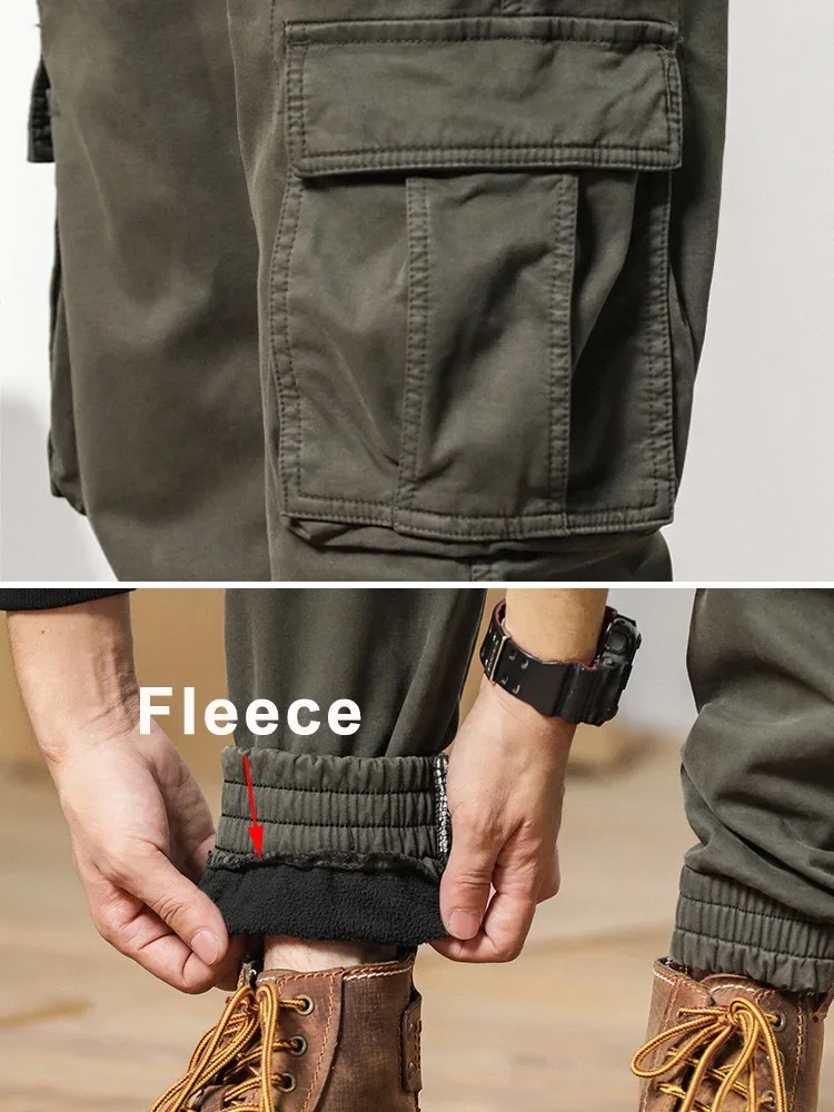 

2022 New Multi-Pockets Winter Cargo Pants Men Fleece Liner Thick Warm Slim Fit Joggers Streetwear Casual Cotton Thermal Trousers