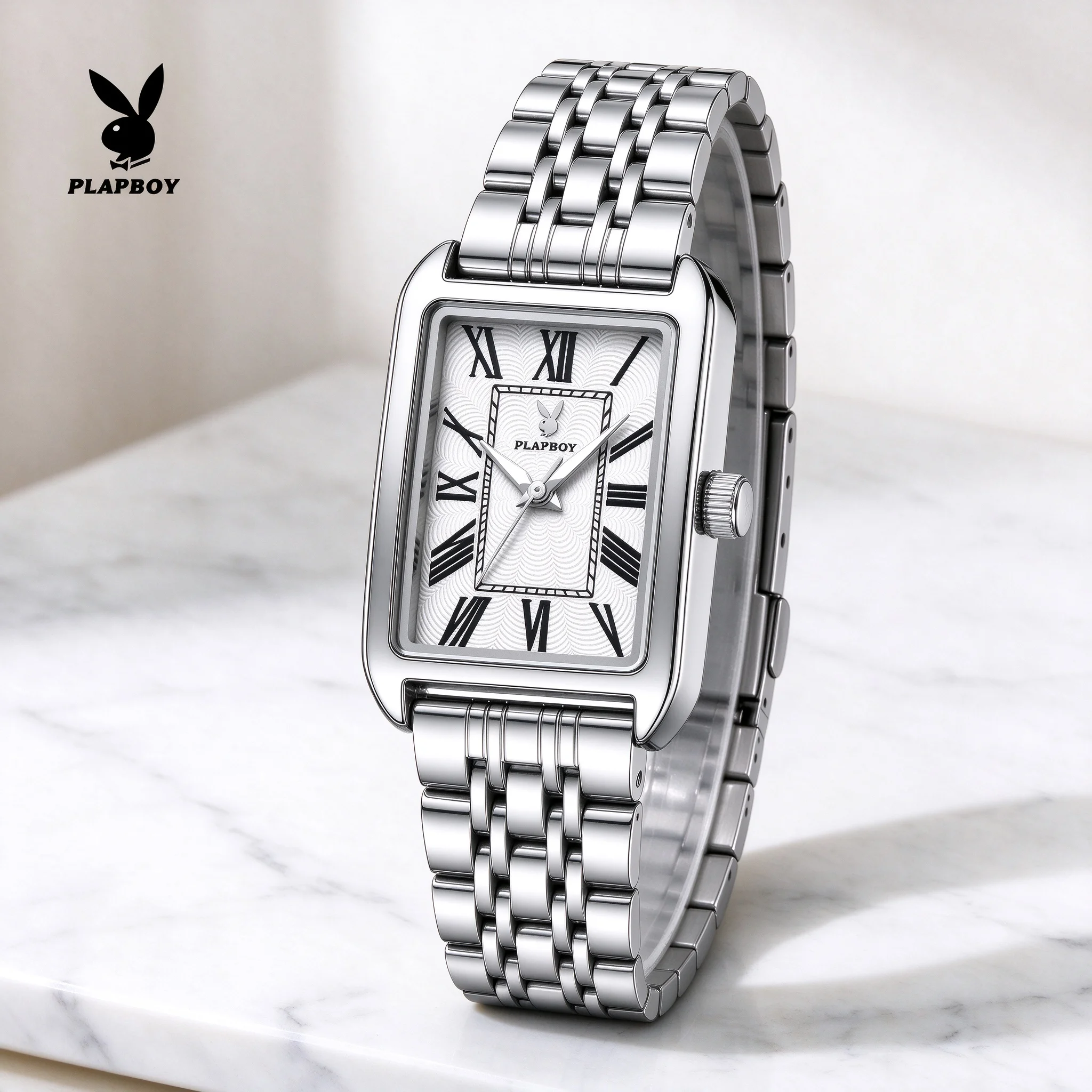PLAYBOY Women's Quartz Watch Square Dial Roman Numerals Stainless Steel Ladies Wristwatch Waterproof  Womens Clock Gifts 3565