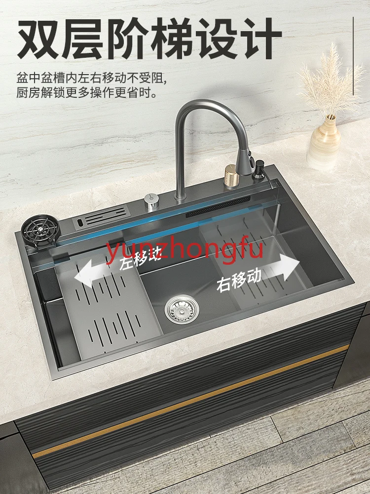 Stainless Steel Kitchen Household Vegetable Washing Basin Under Platform Feiyu Waterfall Sink Large Single  Nano 304