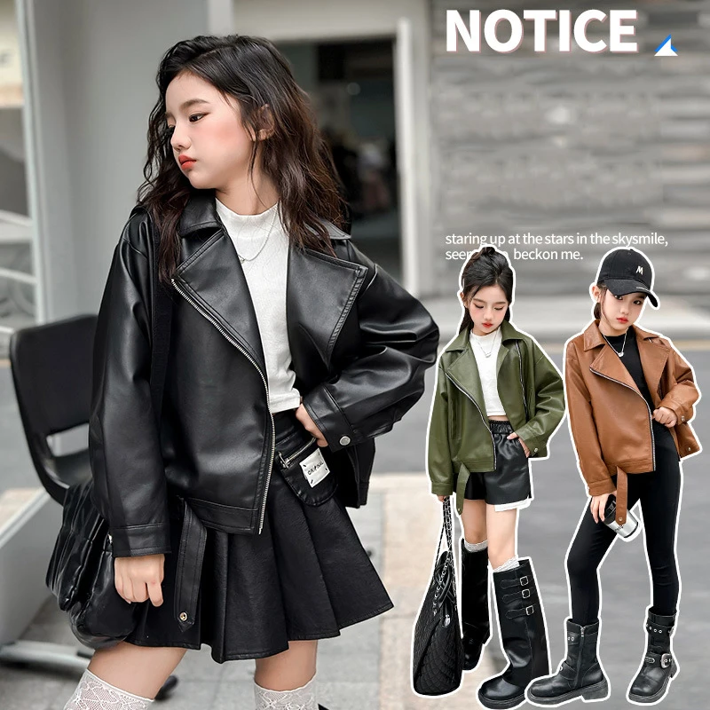 Children Girls Leather Jackets UNITIM Autumn Young Teenagers Girls Outerwear Coats Junior Girls Turn Down Collar Zipper Coats