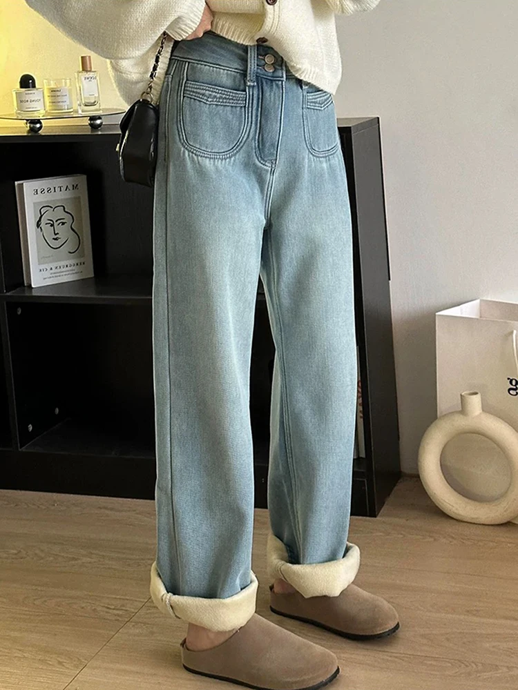 

Осень/зима 2023, новый модный дизайн, джинсы с карманами, повседневные универсальные прямые утолщенные широкие брюки