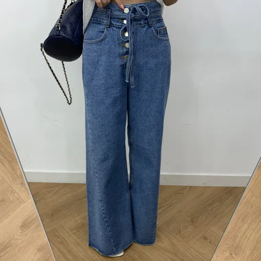 

High Waist Wide Leg Single Button Denim Jeans Casual Style Long Pants Cotton 100% No Stretch Comfortable Fit for plus Size