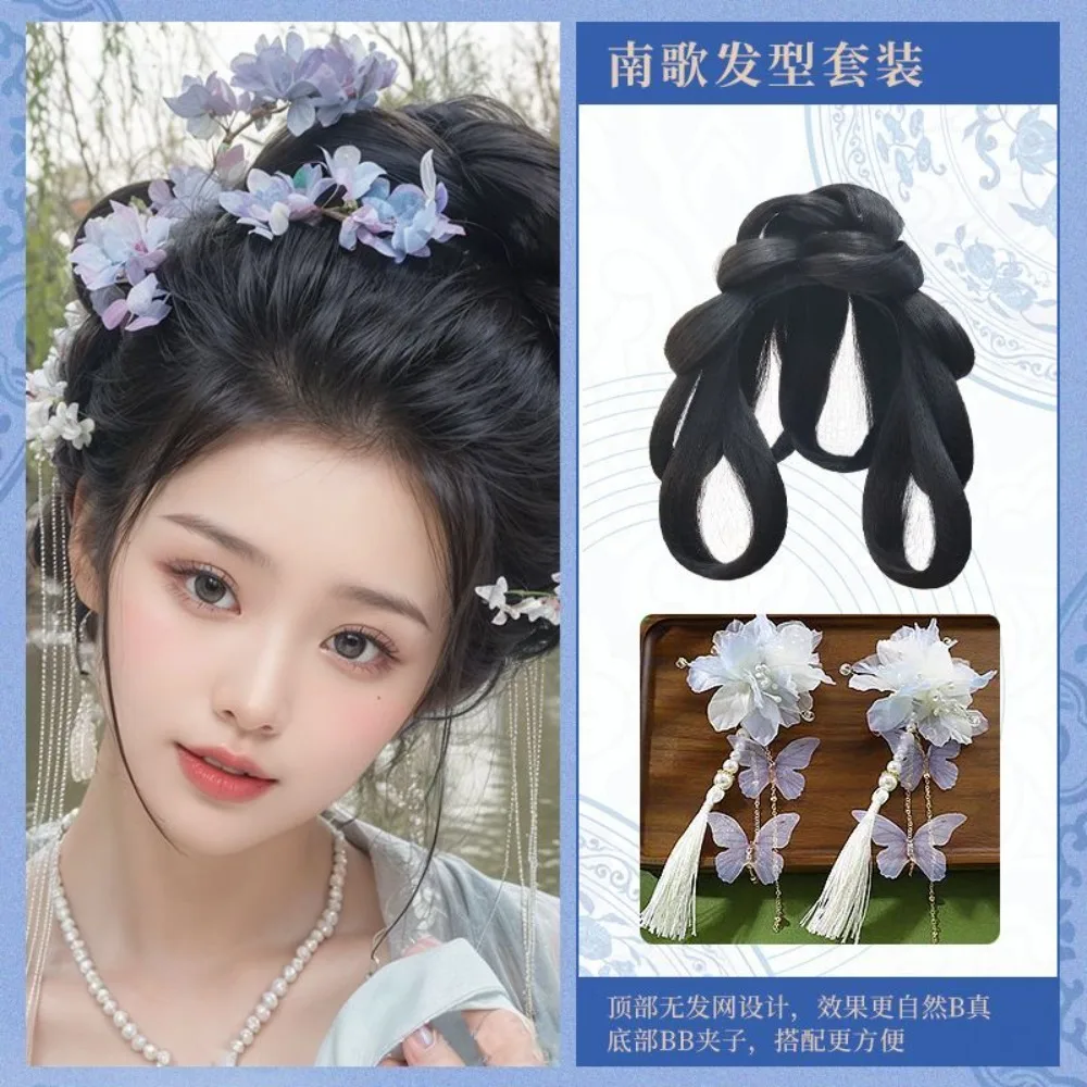 청나라 게게 헤어피스 - 장식용 빵과 끈이 있는 중국 전통 만주 한푸 가발(올인원 클립)