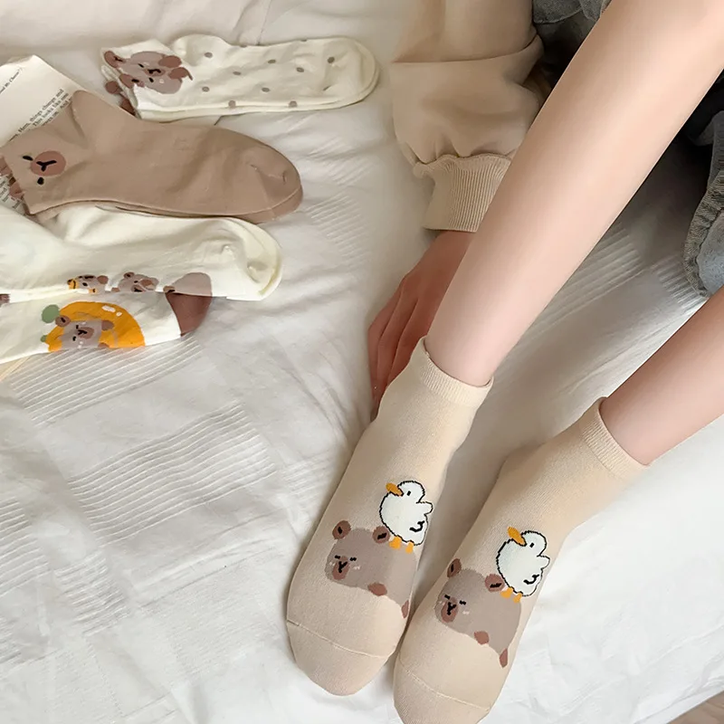 

5Pcs/Sets Women Capybara Short Socks Cartoon Cute Cotton Socks for Mens Summer Thin Breathable Soft Unisex Children Socks