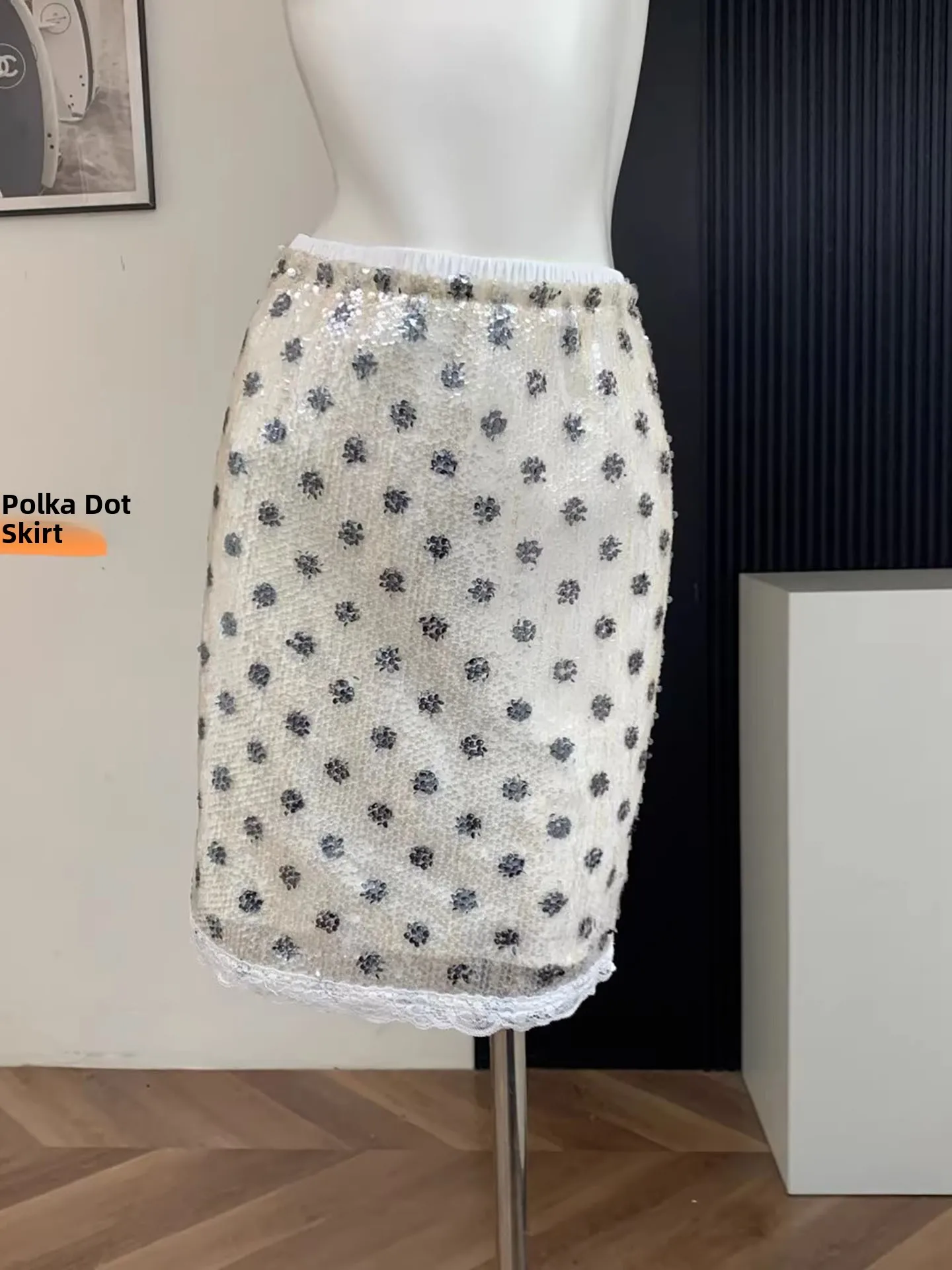 

Женская юбка с пайетками и кружевом, с завышенной талией, весенняя, приталенная, в корейском стиле, микроэластичная, А-силуэт, для офиса