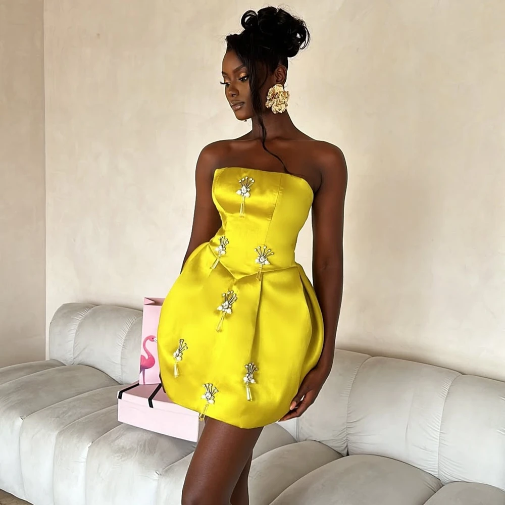 

Trendy Crystals Floral Cockatil Dresses Sexy Strapless Satin Puffy Prom Party Gowns Custom Made Taffeta Brithday Party Dress