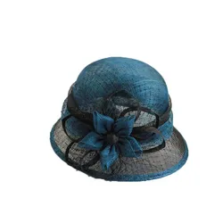 European Pure Sinamay Fedoras for Women Handmade Sinamay Bucklet Hat Flower Feather Mesh Fascinator Hat Summer Sun Hat for Women