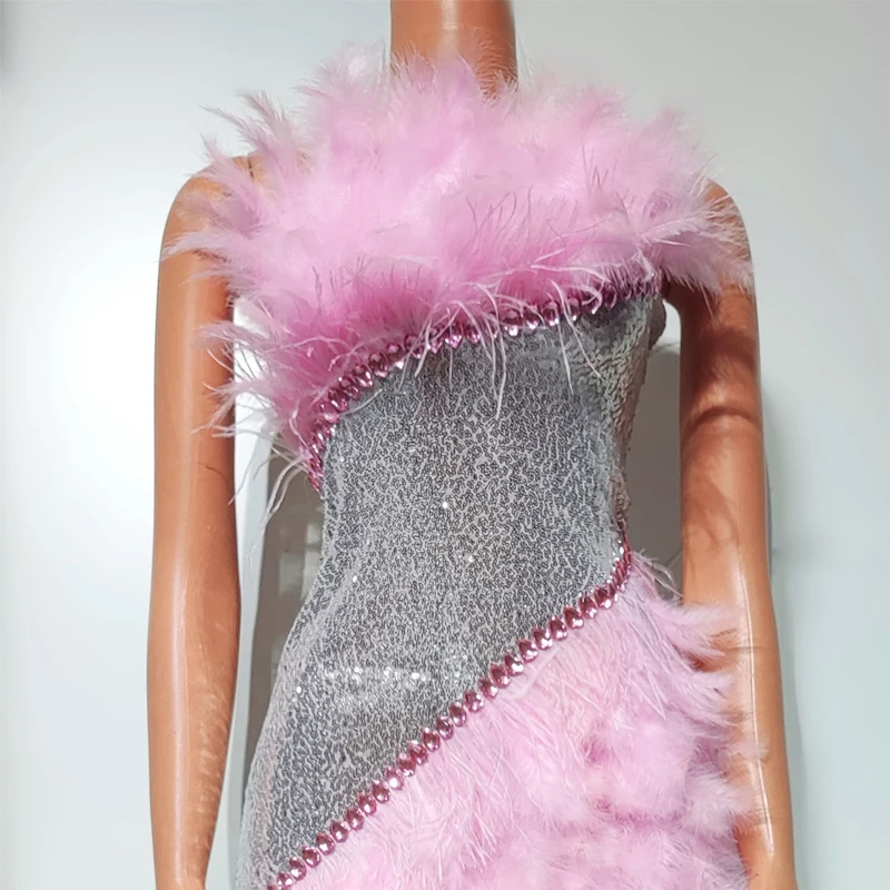 ピンクの羽のスパンコールパーティードレス女性ラインストーンイブニングウエディングドレスバー Dj セクシーなゴーゴー衣装ステージパフォーマンスの摩耗 XS8840