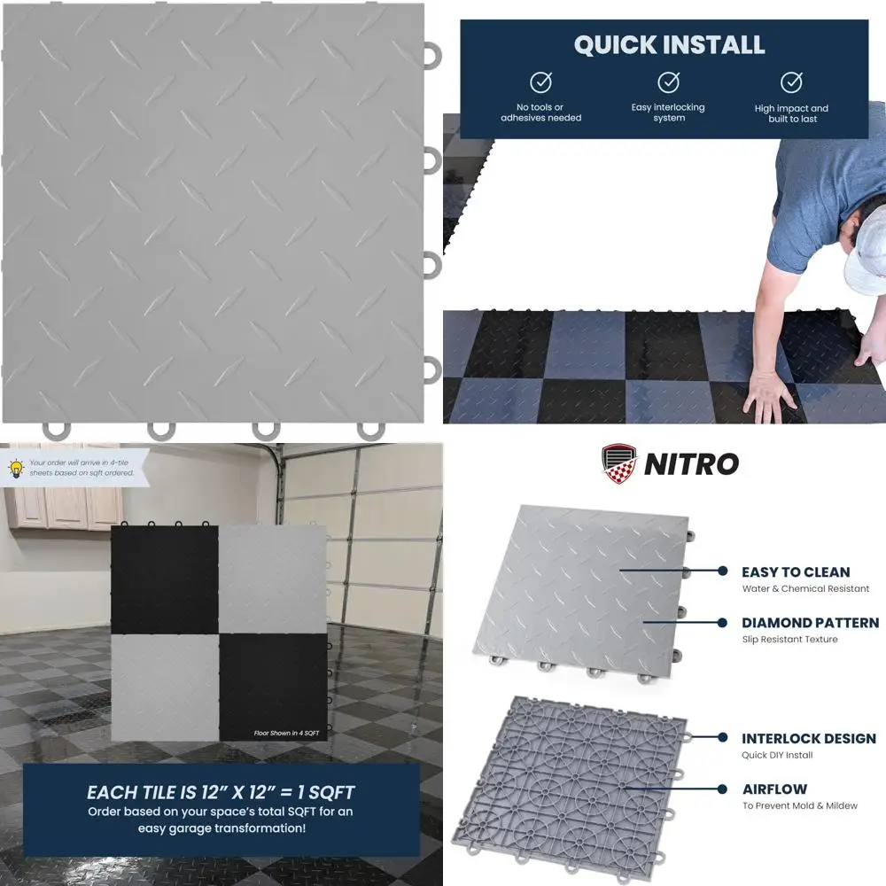 Rutschfeste 12x12 ineinandergreifende Garagenbodenfliesen aus Kunststoff mit Rautenmuster, Gunmetal-Finish, Snap-Together, einfache Installation