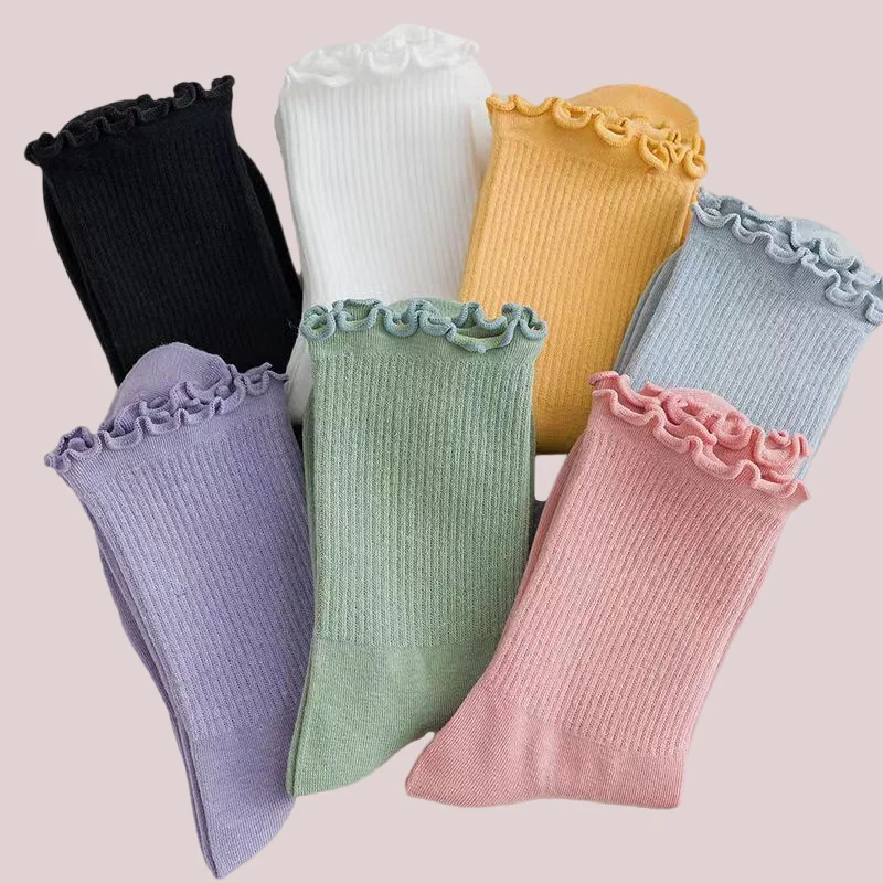 6/12 Pairs Women Ruffle Lace Cute Socks Cotton  Autumn Winter Solid Color Long Breathable 2024 Women High Quality Mid Tube Socks