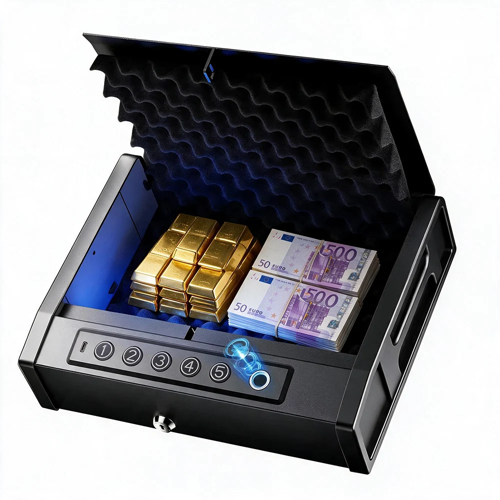 Coffre-fort biométrique mini avec lecteur d'empreintes digitales et clavier numérique, ouverture automatique du couvercle, coffre de sécurité portable anti-vol pour bijoux, or, objets de valeur et pistolets | Modèle XHSQH