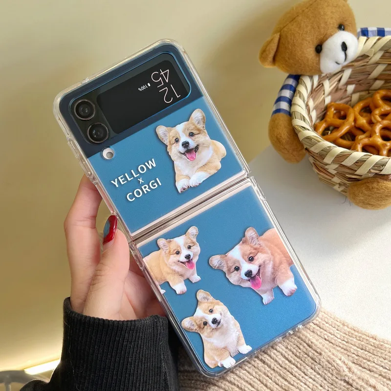 Милый чехол для телефона Corgi Highland Dog для Samsung Galaxy Z Flip 4 3, жесткий чехол для ZFlip3 Zflip4 Flip5, твердый кронштейн