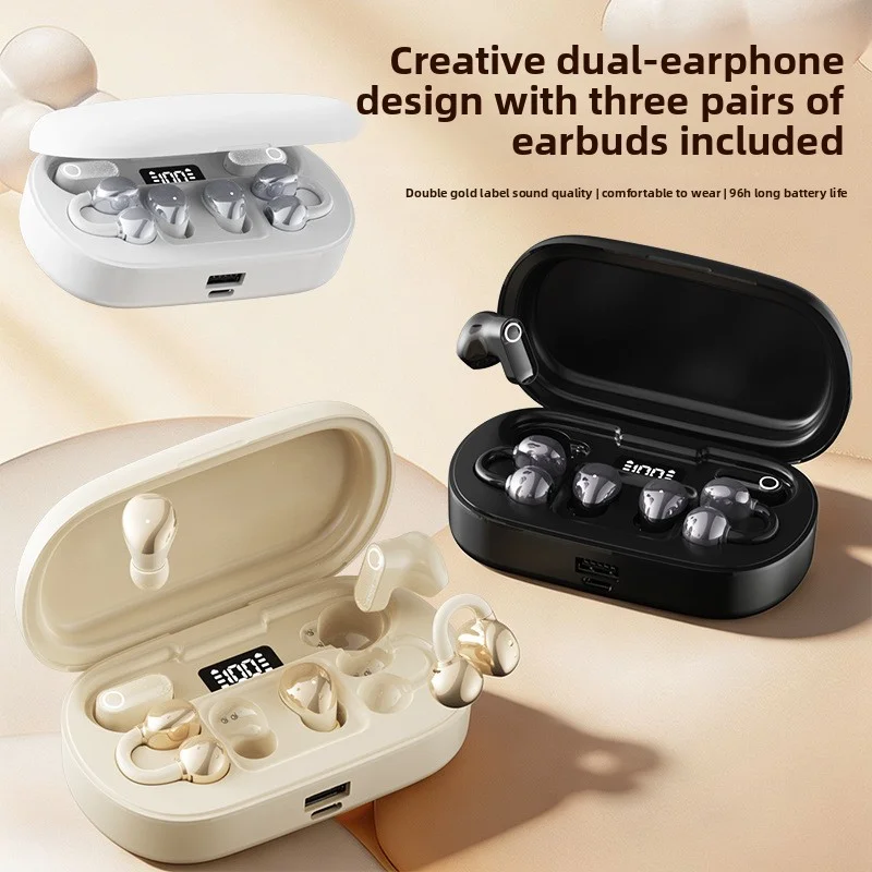 Wireless noise-cancelling ear clip Bluetooth headphones, three pairs of headphones, sports, long battery life, in-ear type