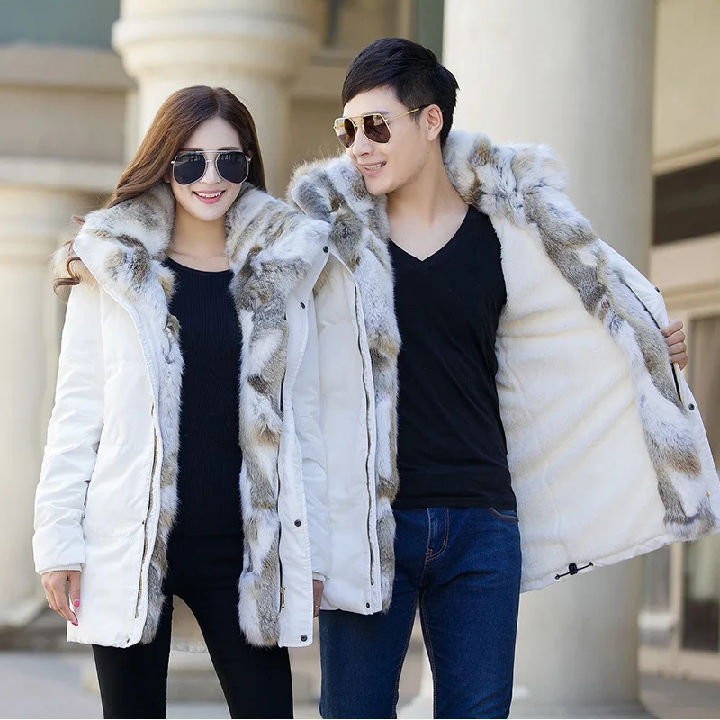 

Зимняя утепленная куртка-пуховик для пар, средней длины, с большим меховым воротником, мужская повседневная модная куртка на молнии из волокнистого материала