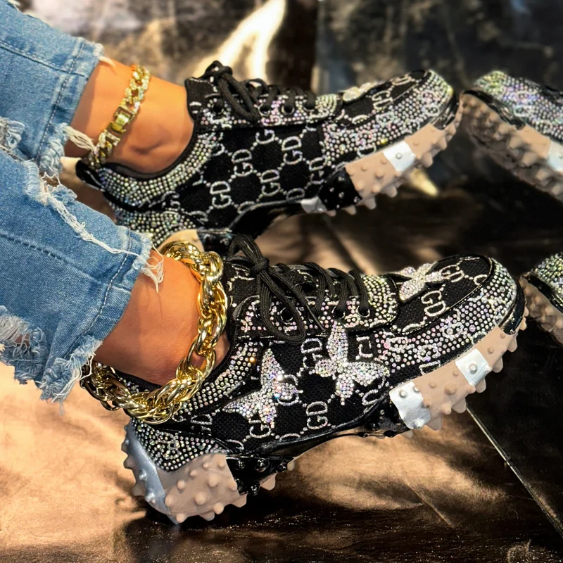 

Роскошная спортивная обувь с блестящими бриллиантами, дизайнерская повседневная обувь на толстой подошве, модные повседневные вулканизированные туфли на плоской подошве, Zapatos Mujer