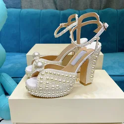 Super High Heel Women Wedding Shoes Beige Slingback Ankle Strap Slides Female Pearl Decor Crystal Sandals For Women