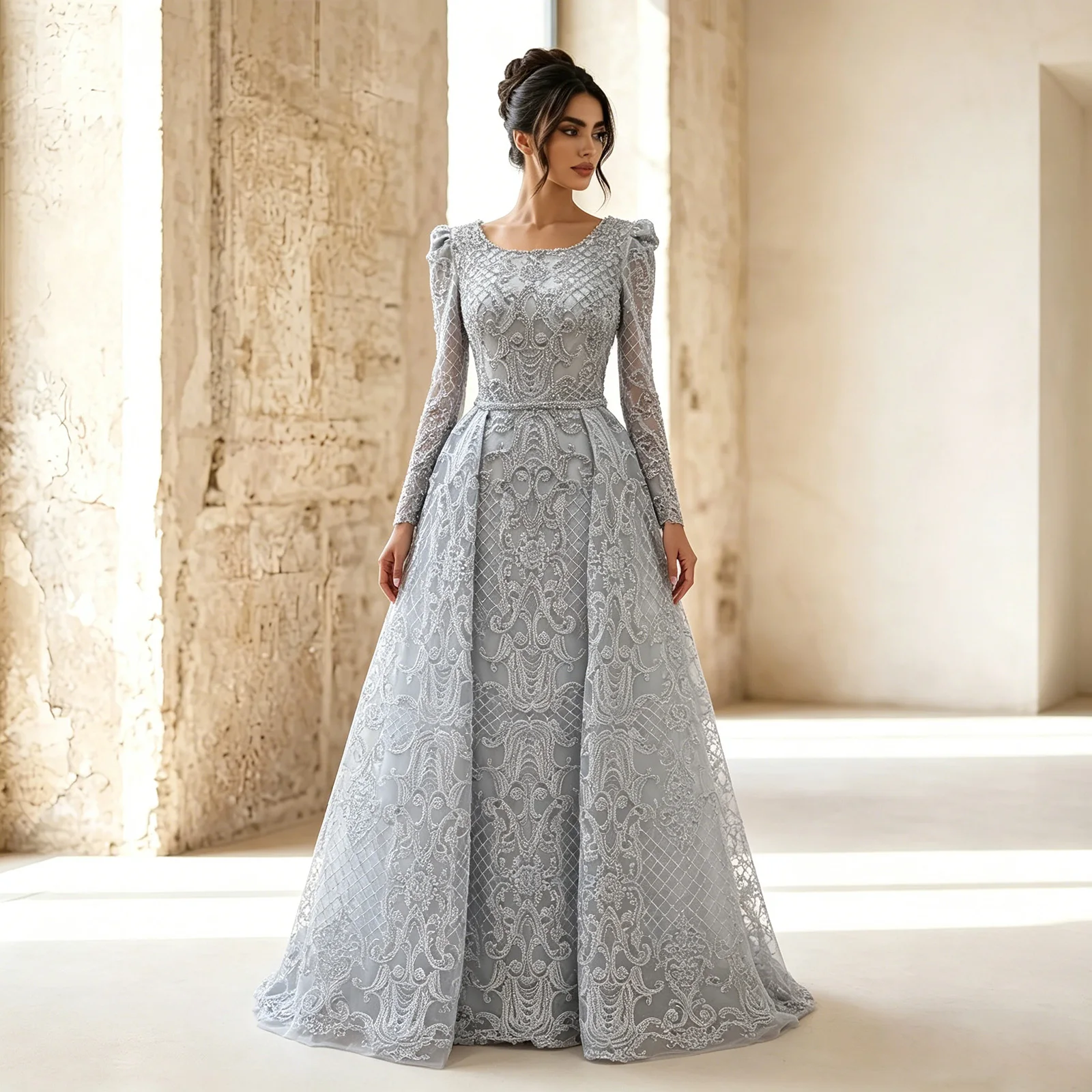 Eshault&bridal Muslimisches Kristall-Spitzen-Abendkleid mit langen Ärmeln, Dubai, arabisches formelles Partykleid für Frauen, Hochzeitsgast, maßgeschneidert