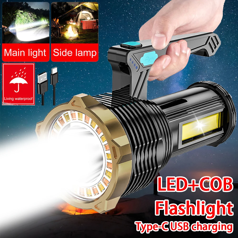 High Power LED Flashlight Powerful USB Rechargeable Torch Handheld Portable Outdoor Lamp Built-in Battery COB 8 Modes Flashlight