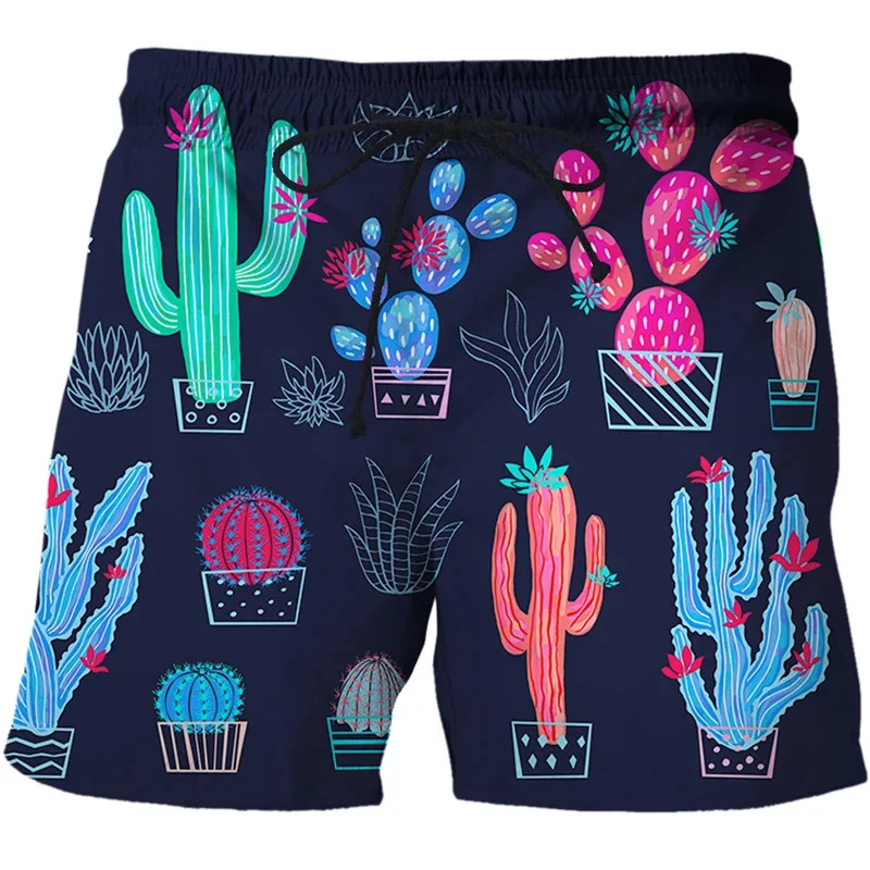 Homens plantas 3D Calções de praia com estampa de cacto, calção de banho legal, streetwear vintage, moda Harajuku, nova moda verão