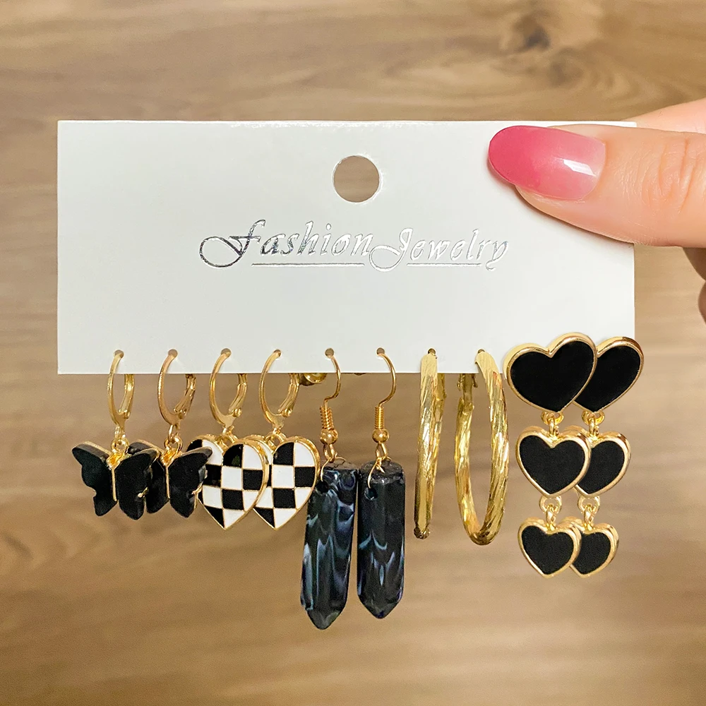 IPARAM Fashion Black Lattice Acrylic Butterfly Heart Earrings Set For Women Trend Colorful Drop Earrings Set of Earrings Jewelry