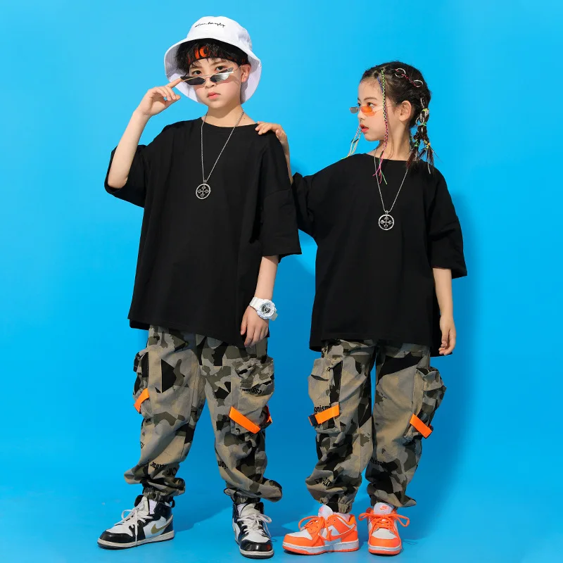 Boys Hip Hop Top Girls Camouflage Cargo Pant Outfits Child Military Jogger Street Dance Kids Streetwear Costumes Teen Sport Wear