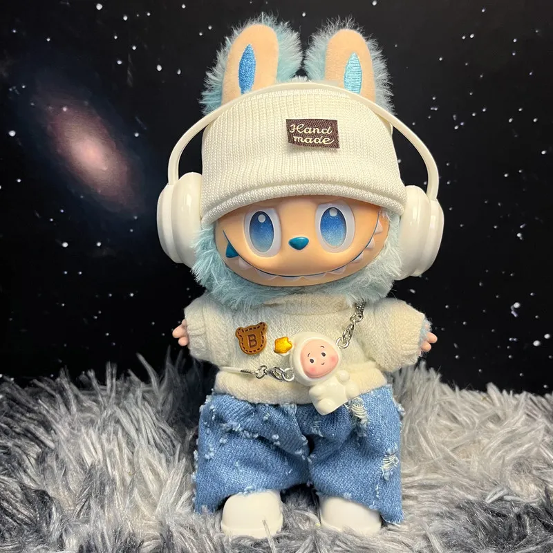 

Handmade Labubu Doll Clothes For 1st 2nd 3rd Gen Calm Hope Series White Knit Hat Sweater Blue Ripped Jeans For Sitting Party