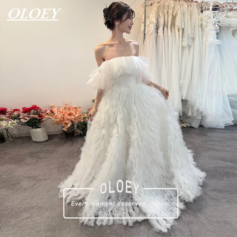 OLOEY Luxury Off The Shoulder Wedding Dress Pleated Mesh Korea Photo Shoot A-Line Bridal Gown Customized Corset Robe De Mariage
