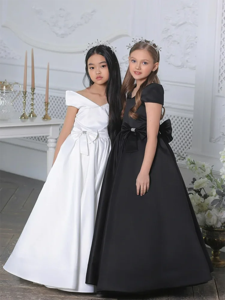 Einfache Satin Blumen mädchen Dess für Hochzeit bodenlangen Kurzarm mit Bogen elegante Kinder geburtstags feier Erstkommunion Kleider