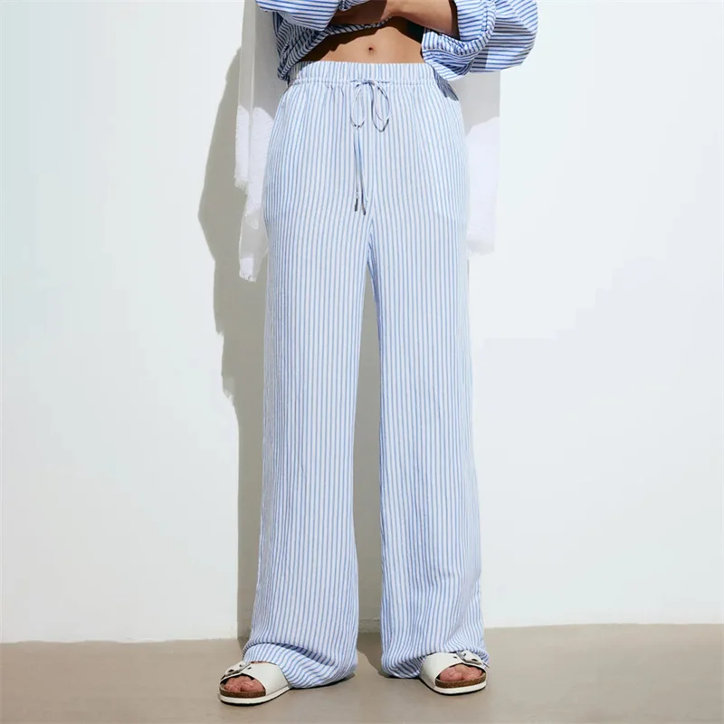 Women Summer y2k Lounge Pants 2000s Stripe Print Drawstring Elastic High Waist Loose Trousers with Pockets Streetwear